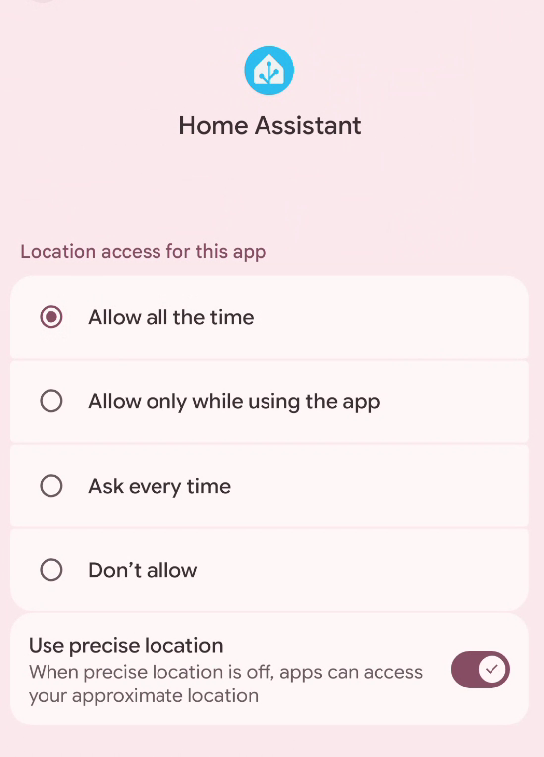 Android system location permission set to Allow all the time