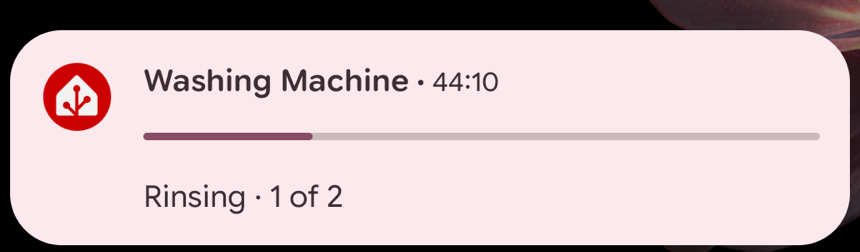 Android Live Update showing "Washing Machine / Rinsing · 1 of 2" on the Lock Screen